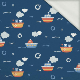 SHIPS pat. 3 / dark blue (ADVENTURE BEGINS) - looped knit fabric