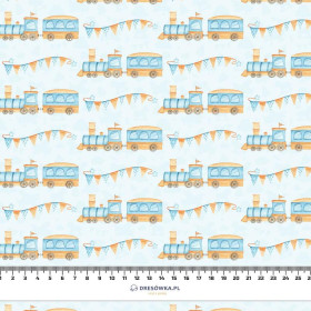 LOCOMOTIVES / garland / light blue (CHILDREN'S TOYS) - Cotton woven fabric