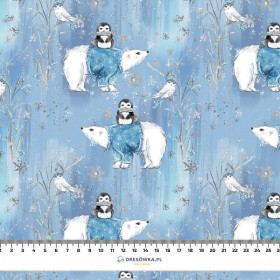 PENGUINS ON BEARS / light blue (ENCHANTED WINTER) - brushed knit fabric with teddy