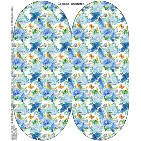 "Beanie" cap - KINGFISHERS AND LILACS (KINGFISHERS IN THE MEADOW) / white / Choice of sizes