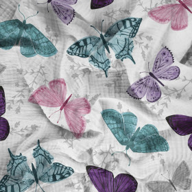 BUTTERFLIES PAT. 5 / white  (PURPLE BUTTERFLIES) - Cotton muslin