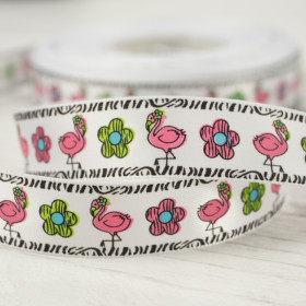 Satin ribbon white with flamingos and flowers