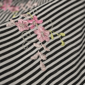  FLOWERS / black stripes - Embroidered cotton fabric