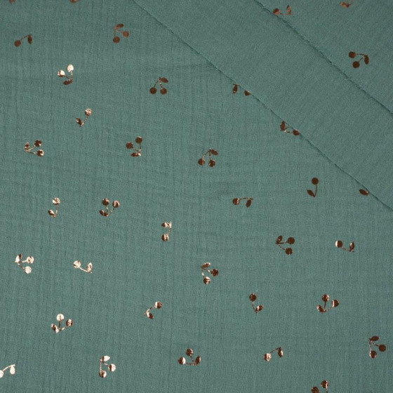 GOLDEN CHERRIES / dark mint - Cotton muslin