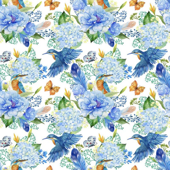 MINI KINGFISHERS AND LILACS (KINGFISHERS IN THE MEADOW) / white