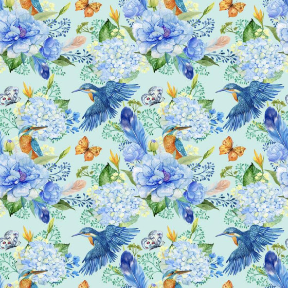 MINI KINGFISHERS AND LILACS (KINGFISHERS IN THE MEADOW) / light blue