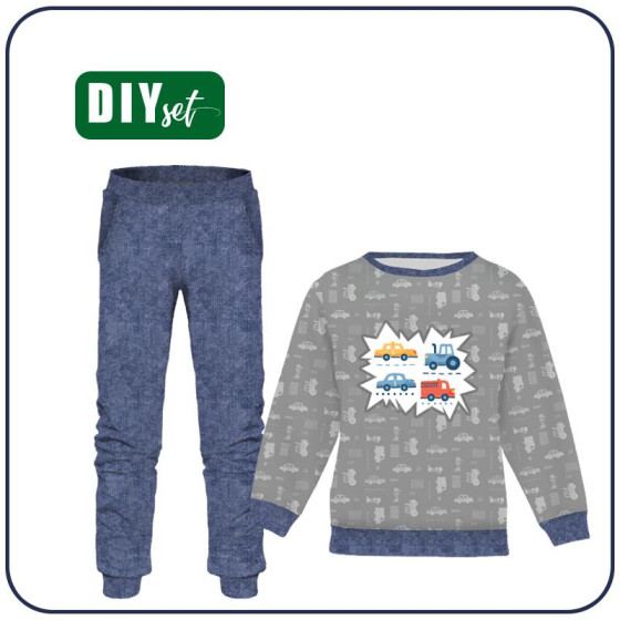 Children's tracksuit (MILAN) - VEHICLES pat. 2 / white (ADVENTURE BEGINS) - sewing set