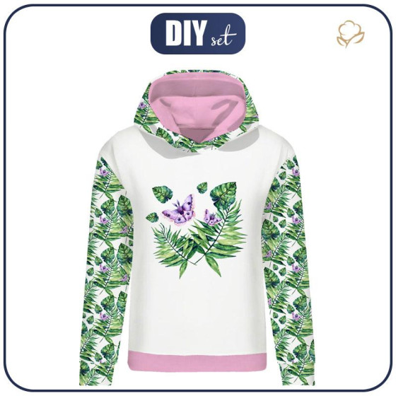 CLASSIC WOMEN’S HOODIE (POLA) - MINI LEAVES AND INSECTS PAT. 4 (TROPICAL NATURE) / white - looped knit fabric 