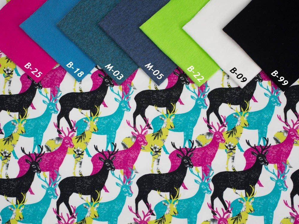 100cm BUNTE HIRSCHE - bio single jerset mit Elastan TE210