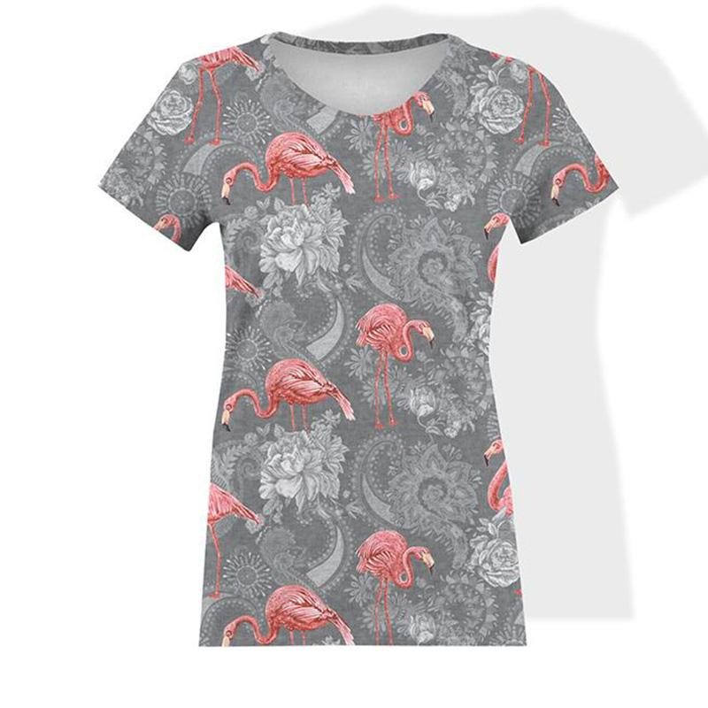 DAMEN T-SHIRT - FLAMINGOS UND ROSEN / grau - Single Jersey