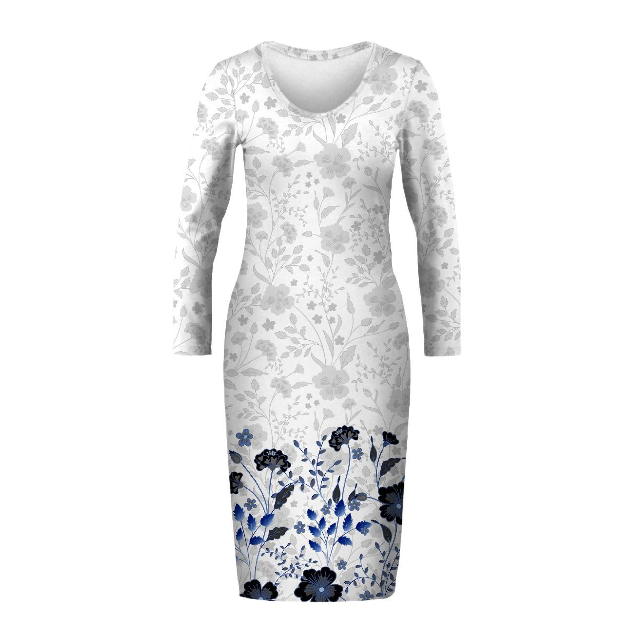 BLEISTIFTKLEID (ALISA) - BLUMEN (Motiv 5 navy) / weiß - Nähset