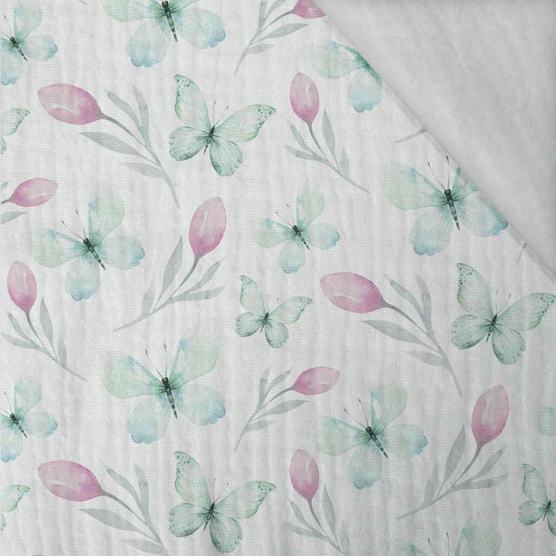 SCHMETTERLINGE UND TULPEN (AQUARELL-SCHMETTERLINGE) - Baumwoll Musselin
