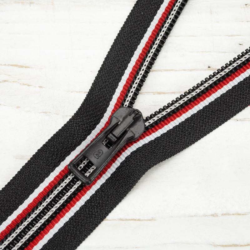 Spiral-Reißverschluss 50cm teilbar - schwarz / rot mit Seitenstreifen