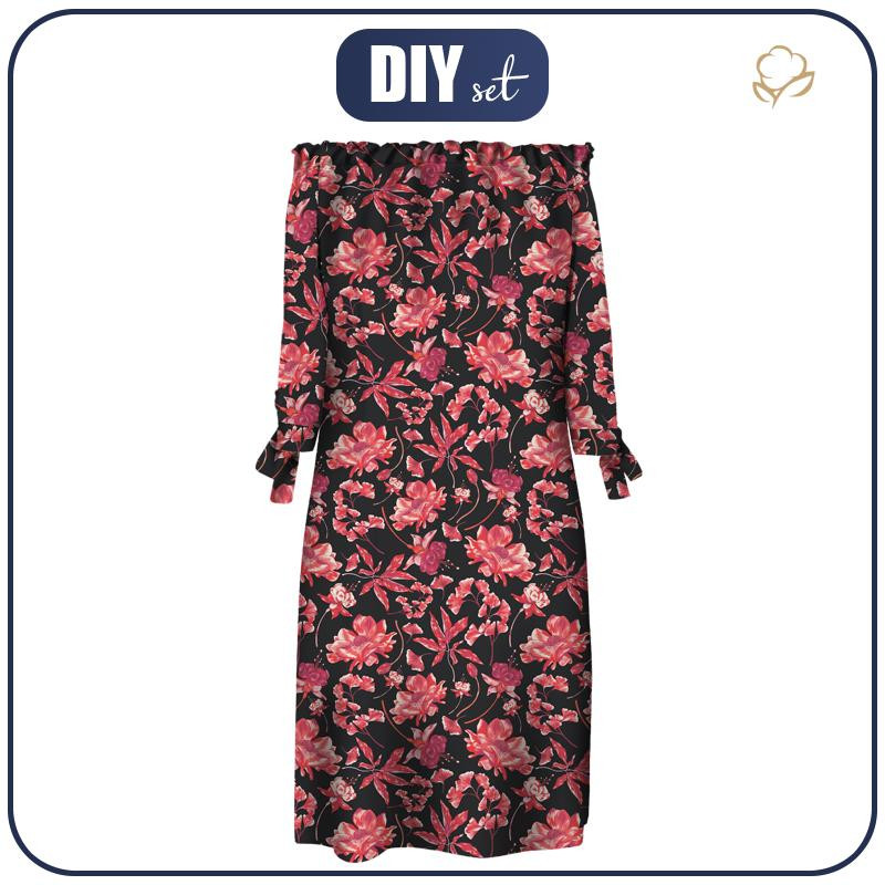 KLEID "CARMEN" - ROTE BLUMEN Ms. 3 - Krepp