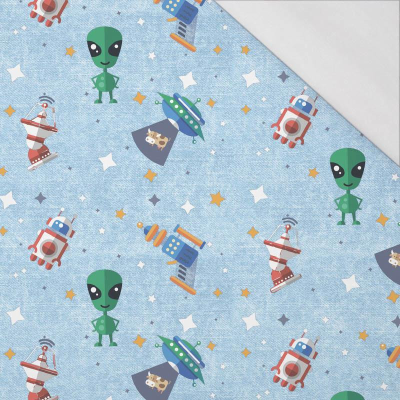 IM WELTRAUM m. 3 (WELTRAUMEXPEDITION) / ACID WASH HELLBLAU - bio single jerset mit Elastan Sommersweat