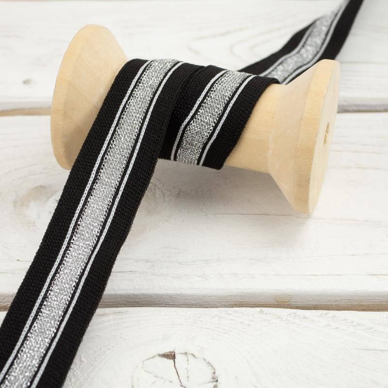  Strickware Band - Seitenstreifen 25 mm - 7 Streifen: schwarz, weiß, silber