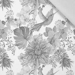 KOLIBRIS UND BLUMEN (GRAU) / weiß - Baumwoll Webware