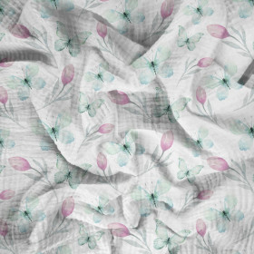 SCHMETTERLINGE UND TULPEN (AQUARELL-SCHMETTERLINGE) - Baumwoll Musselin