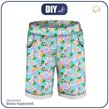 DZIECIĘCE SPODENKI (RIO) - JEDNOROŻCE I LODY / błękitny - dzianina pętelkowa (122/128)