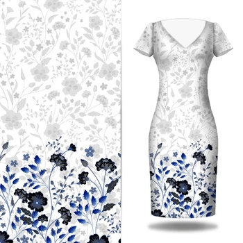 KWIATY (wzór 5 navy) / biały - panel sukienkowy