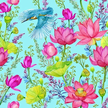 ZIMORODKI I MAKI (ZIMORODKI NA ŁĄCE) / aqua - dresówka pętelkowa