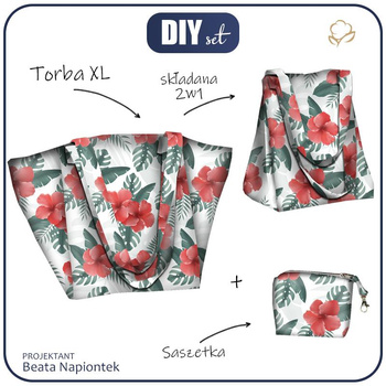 Torba XL z saszetką 2 w 1 - HIBISKUS wz. 2 / czerwony - zestaw do uszycia