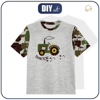 DZIECIĘCY T-SHIRT- TRAKTOR ZIELONY/ M-01 melanż jasnoszary- single jersey (128/134)