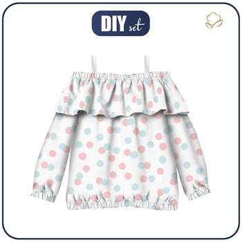 Bardot halenka (VIKI) - PASTELOVÉ TEČKY / mentolově lososový (PASTELOVÉ NEBE) - Sada šití