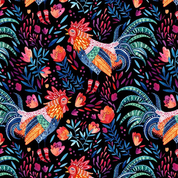 ROOSTERS / black - Waterproof woven fabric