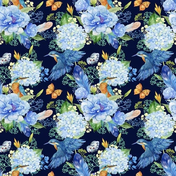 MINI KINGFISHERS AND LILACS (KINGFISHERS IN THE MEADOW) / navy