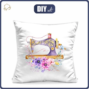 PILLOW 45X45 - SEWING MACHINE AND FLOWERS - front + back